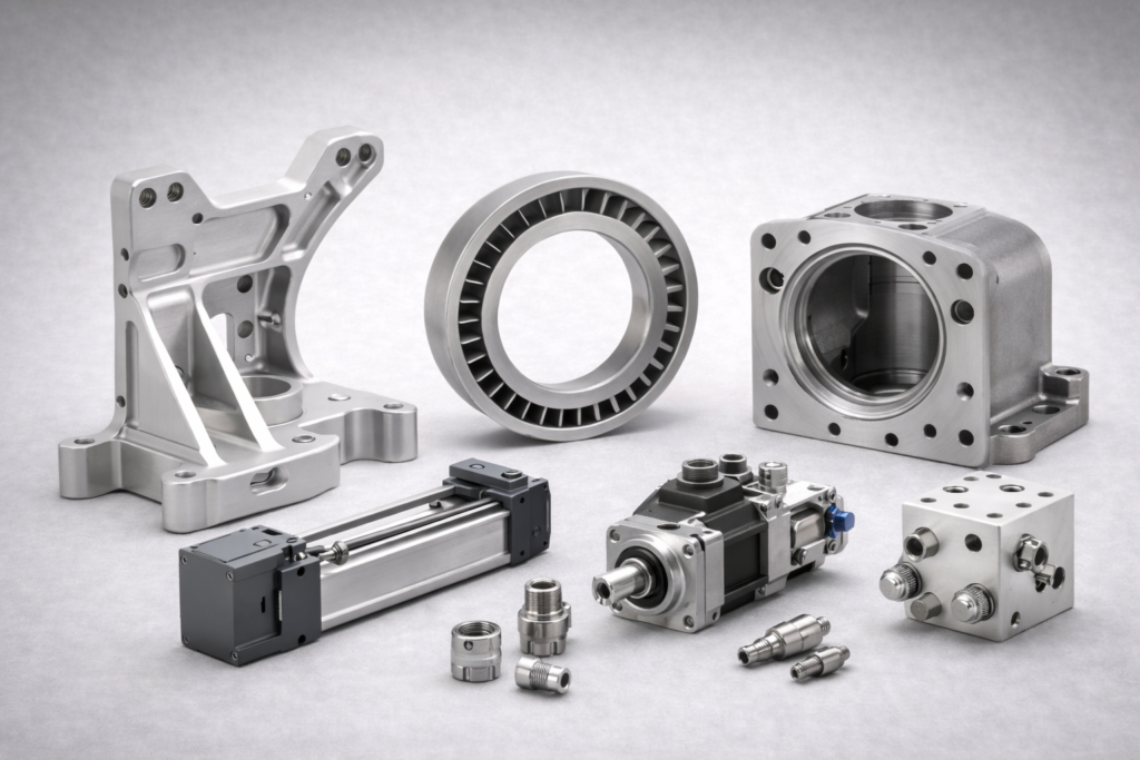 Aerospace and Defense Components – Applications Sales Opportunities Aerospace and defense components including machined structural bracket, housing, turbine ring and precision fittings on light grey background