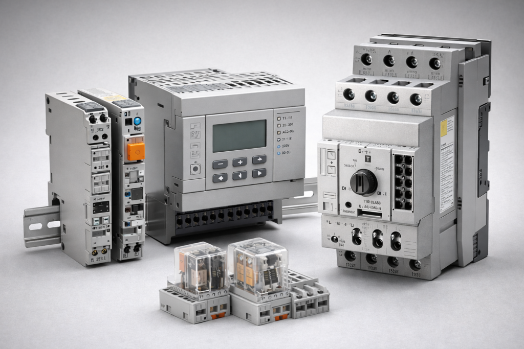 Automation Control Components Industrial automation control components including PLC, I/O modules and motor starter on neutral background.
