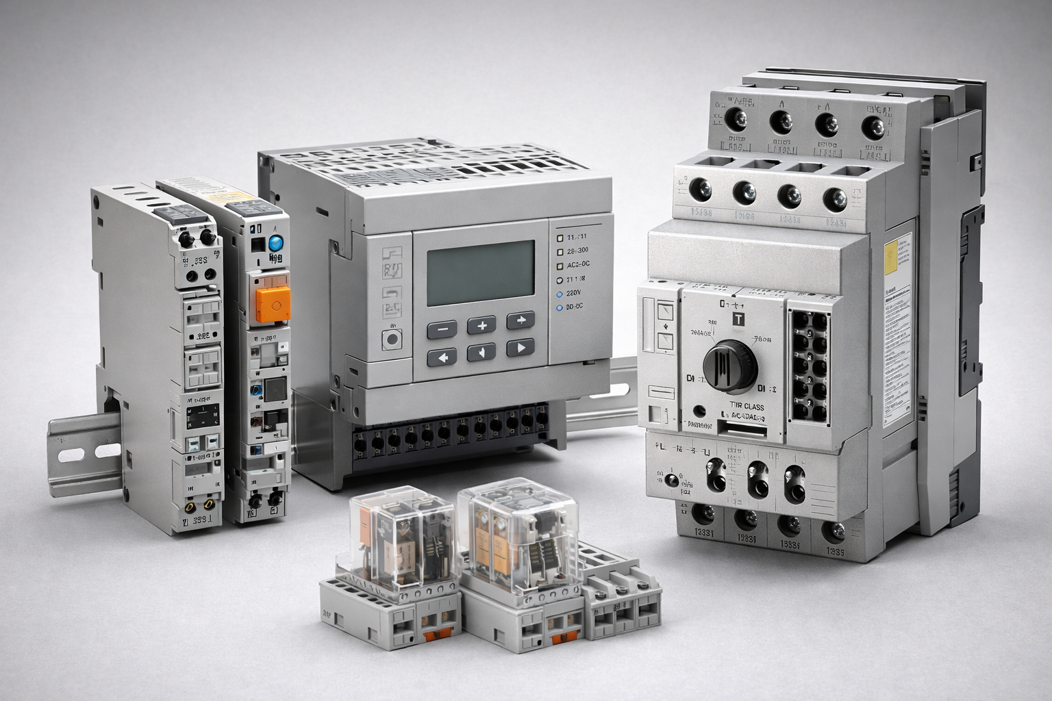 Industrial automation control components including PLC, I/O modules and motor starter on neutral background.