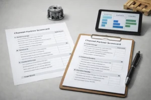 Scorecard and checklist for selecting an industrial export channel partner. industrial sales agent, channel partner scorecard, export distribution strategy,
