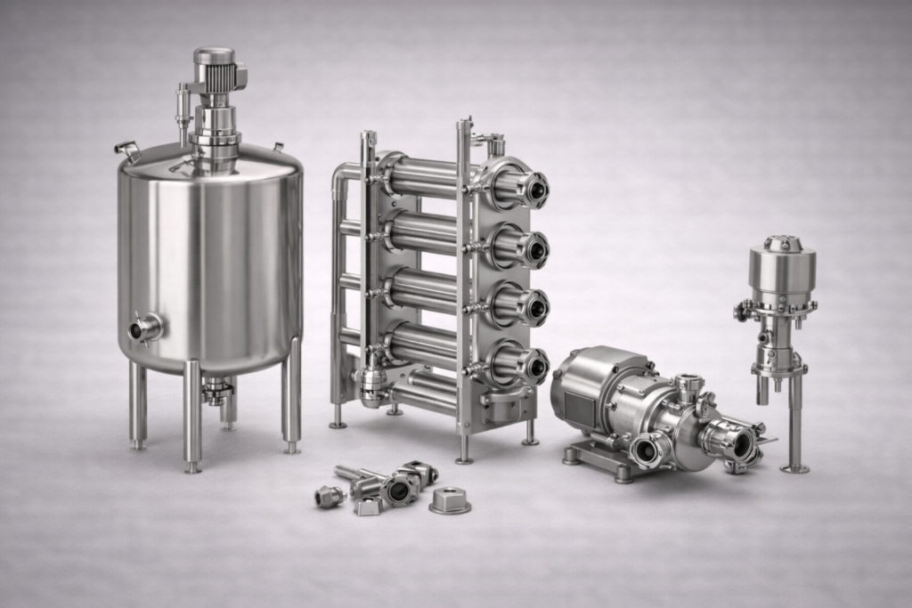 Food and Beverage Processing Equipment – Applications Sales Opportunities Food and beverage processing equipment including stainless steel mixing tank, heat exchanger, sanitary pump and filling head on light grey background