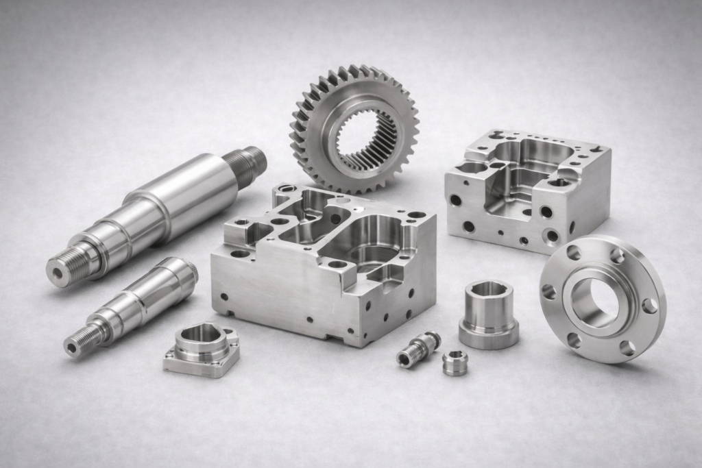 High Precision Machined Parts High-precision machined metal parts including shafts, milled blocks and gear components on light grey background
