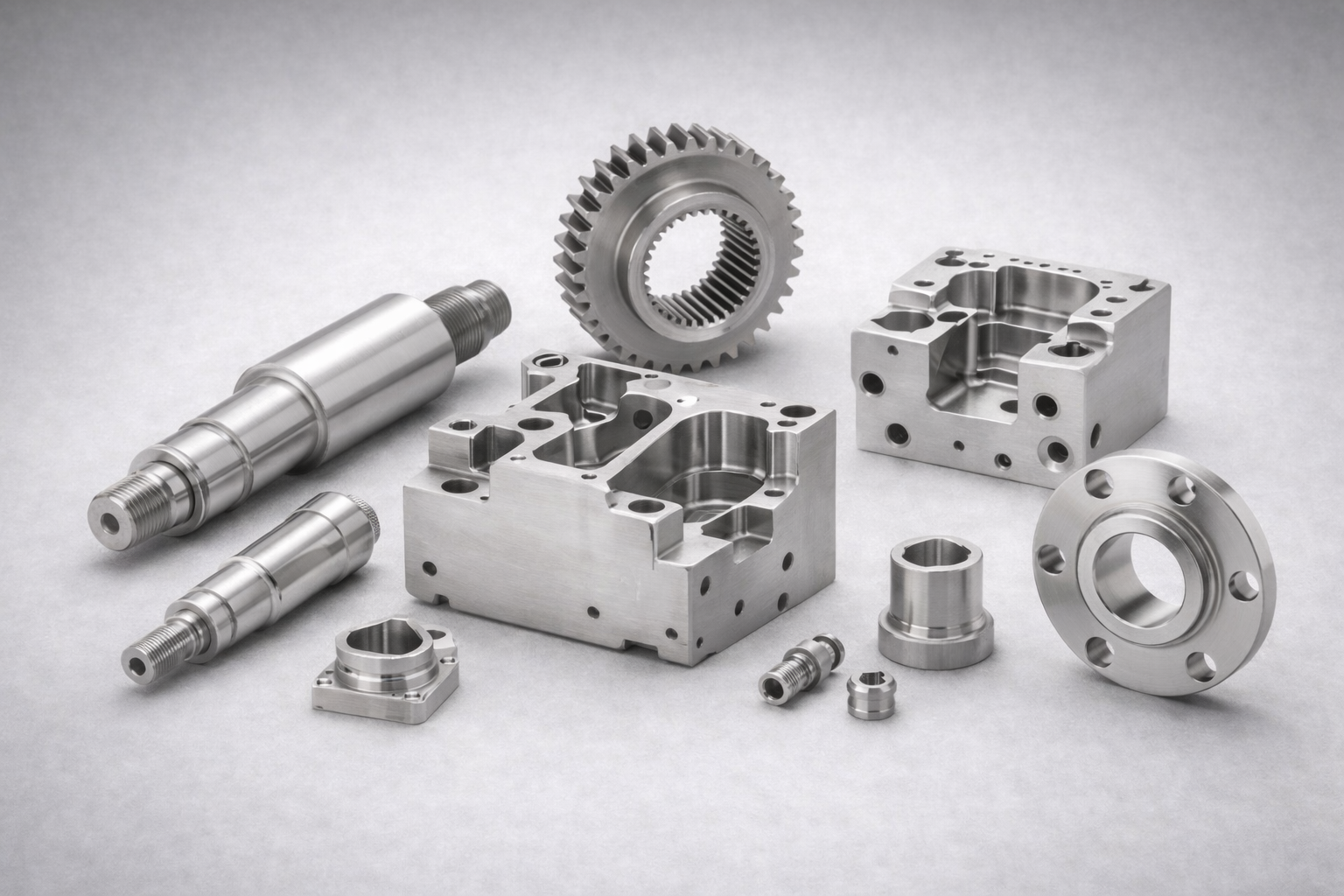 High-precision machined metal parts including shafts, milled blocks and gear components on light grey background