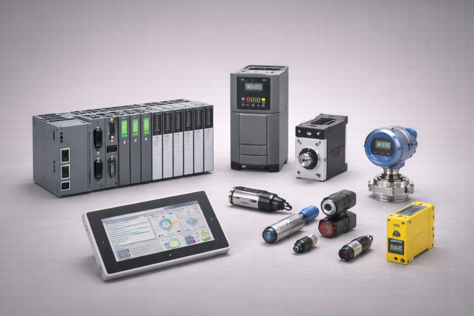 Industrial automation PLC, HMI, drives and sensors on light grey background