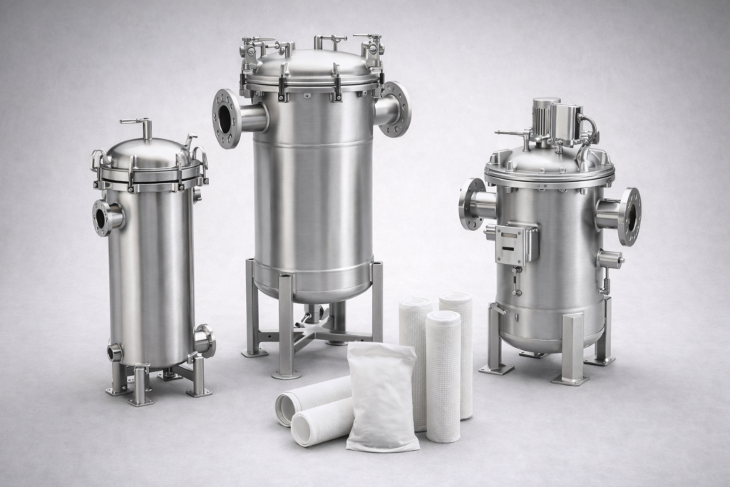Industrial Filtration Separation Systems Industrial filtration and separation equipment including stainless filter housings, self-cleaning strainer and filter cartridges on light grey background