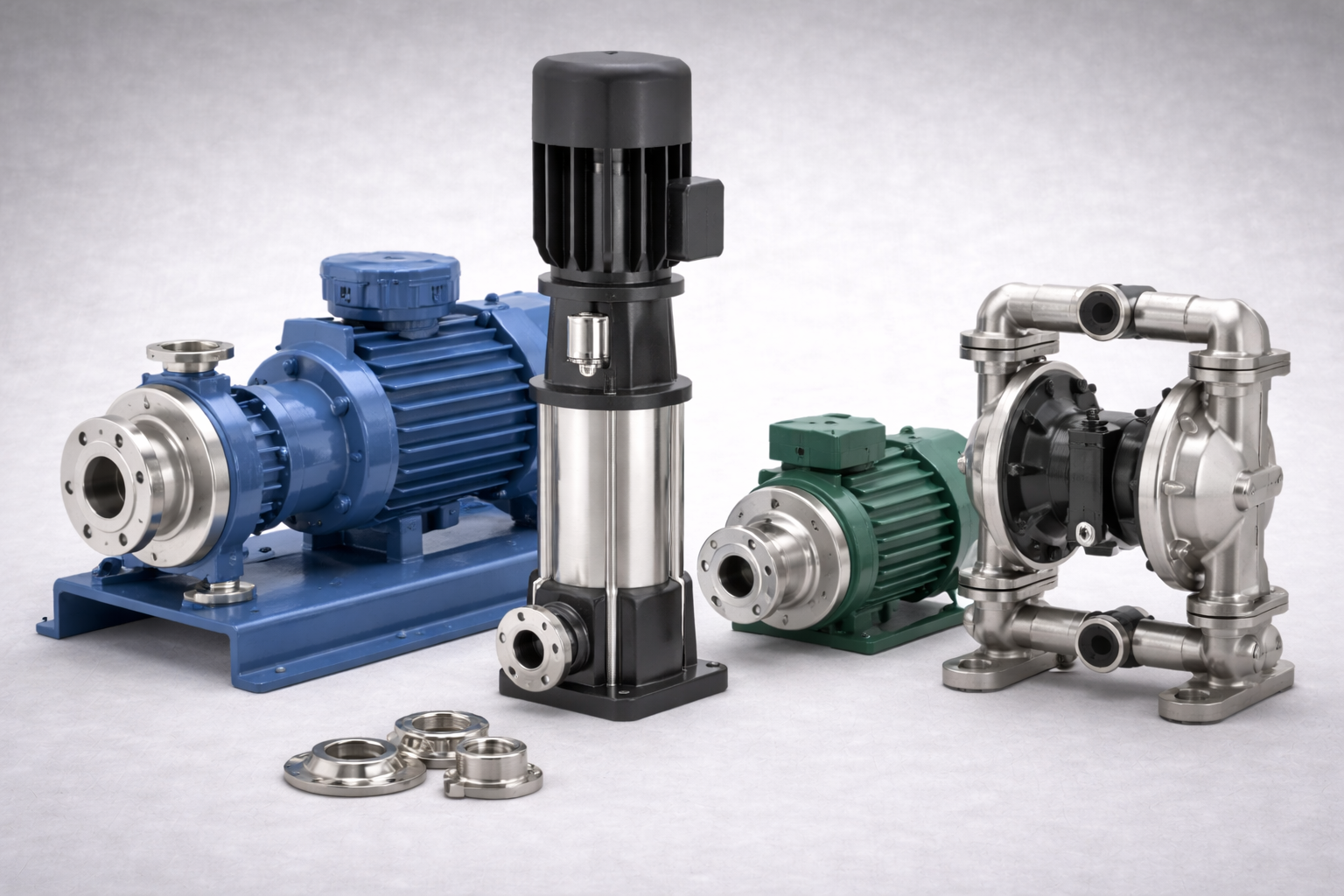Industrial and process pumps including centrifugal, multistage, magnetic-drive and diaphragm pumps on light grey background