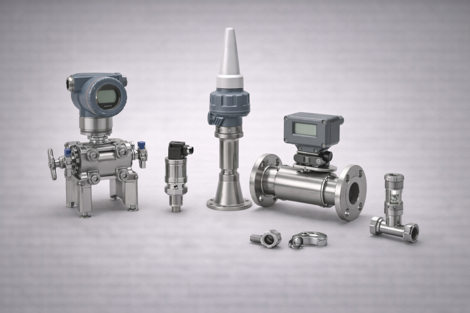Level, flow and pressure instrumentation including pressure transmitter, radar level device and magnetic flowmeter on light grey background
