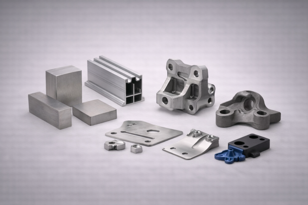 Manufactured Materials and Parts – Applications Sales Opportunities REVROK Manufactured materials and parts including steel plate, extruded profile, machined bracket, casting, stamped parts and plastic components on light grey background