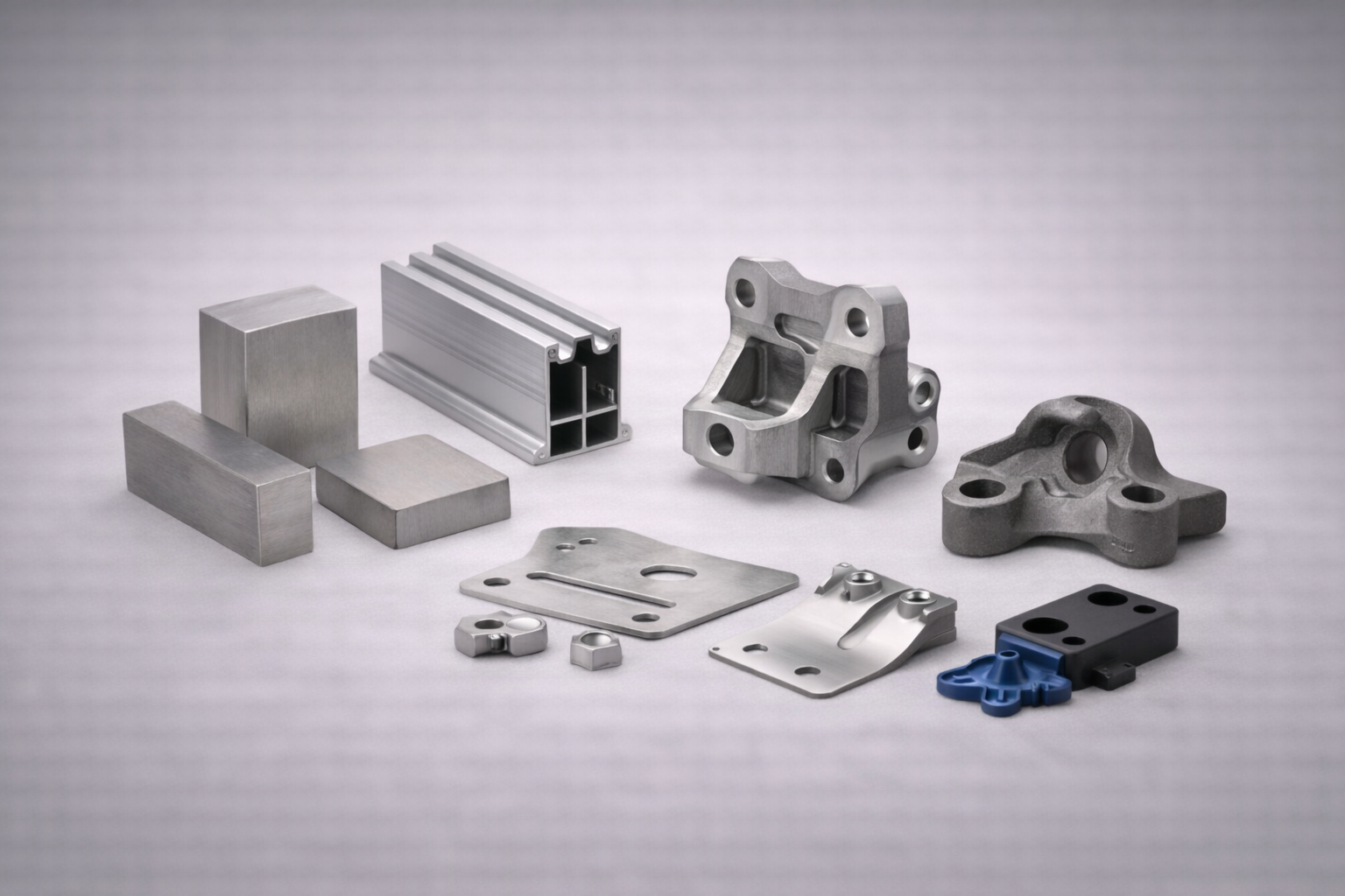 Manufactured materials and parts including steel plate, extruded profile, machined bracket, casting, stamped parts and plastic components on light grey background