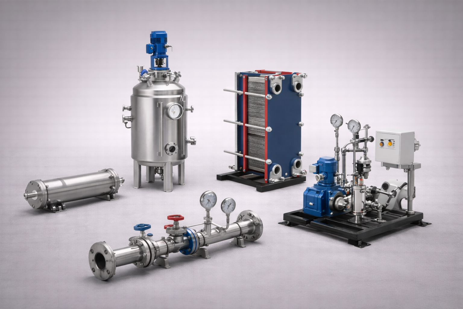 Process equipment and skid system components including heat exchangers, vessel, dosing skid and piping, packed towers, internals, trays