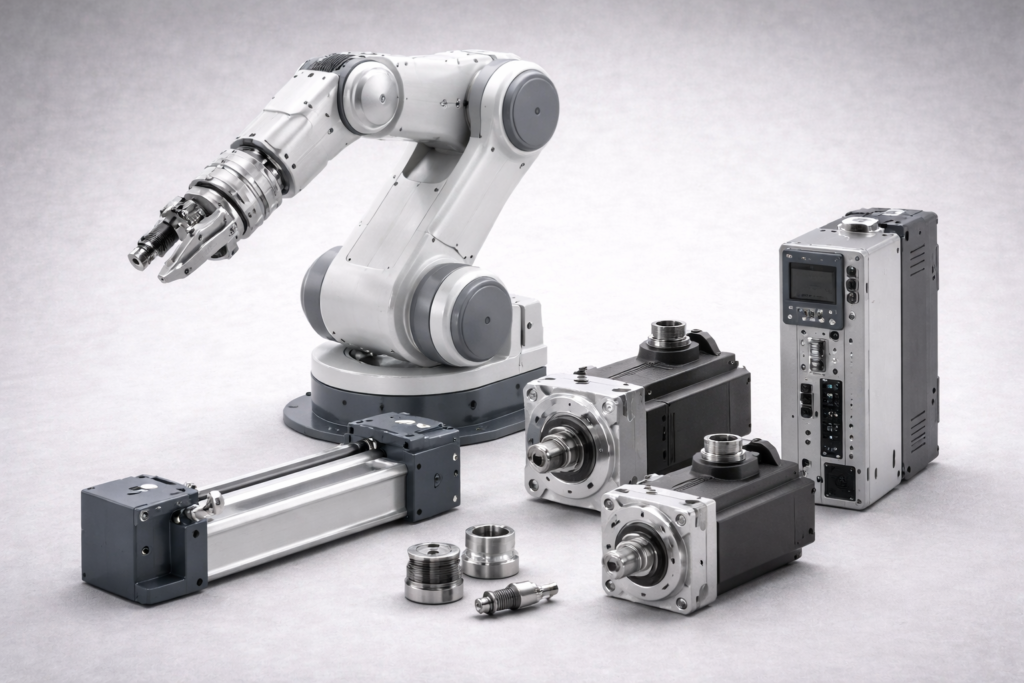 Robotics and Motion Control Systems – Applications Sales Opportunities Industrial robotics and motion control components including robot arm, servo motors, gearboxes and linear actuator on light grey background
