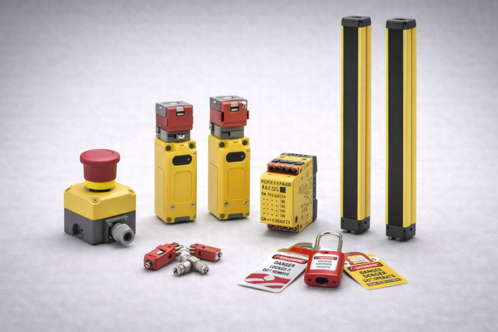 Safety and Protection Products – Applications Sales Opportunities Industrial safety and protection products including emergency stop button, safety interlocks, safety relay and light curtain on light grey background