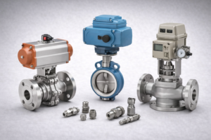 Industrial valves and actuators including ball valve, butterfly valve and control valve with pneumatic and electric actuators on light grey background