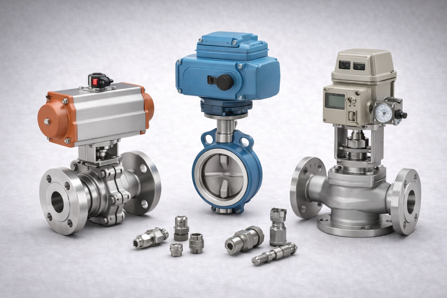Industrial valves and actuators including ball valve, butterfly valve and control valve with pneumatic and electric actuators on light grey background